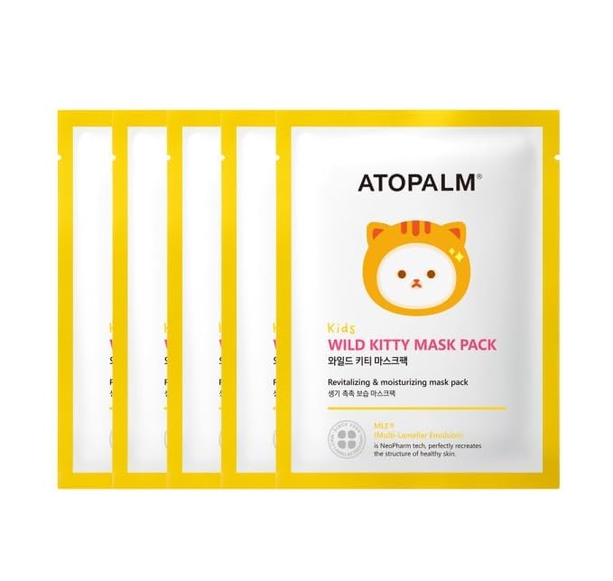 ATOPALM Kids Wild Kitty Face Mask - 5 Sheet Pack, Gentle Hydrating Skin Care for Children