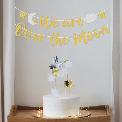 We Are Over the Moon Banner - Gold & Silver Glitter Baby Shower Decor