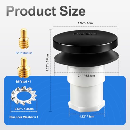 Bathtub Drain Stopper with 3/8'' & 5/16'' Thread Adapters - Matte Black