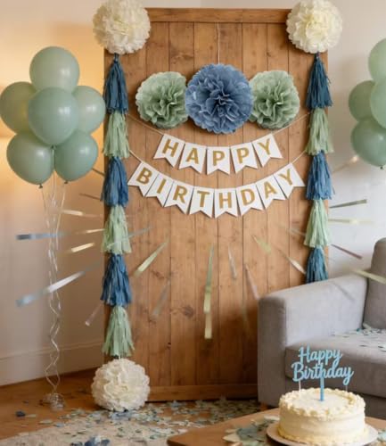 Sage Green & Dusty Blue Tissue Pom Poms - 10-Pack Party Decorations