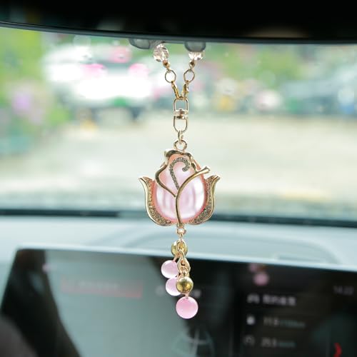 Pink Tulip Car Mirror Charm - 9-Inch Cat's Eye Stone Ornament