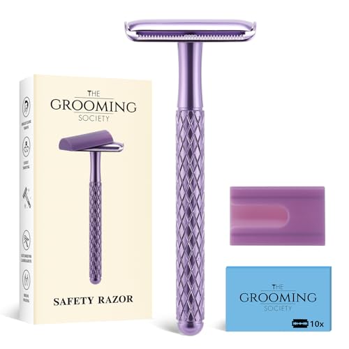 Double Edge Safety Razor for Women Purple with 10 Blades and Silicone Cover - Durable Metal Eco-Friendly Single Blade Razor - Closed Smooth Shave