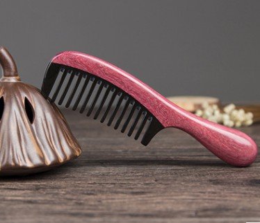 Myhsmooth Handmade Black Buffalo Horn Comb with Violetwood Handle, Wide Tooth, No Static, 7inch
