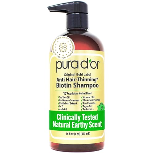 PURA D'OR Original Gold Label Anti-Thinning Shampoo - CLINICALLY TESTED - Biotin & Argan Oil ? Sulfate-Free Strengthening & Volumizing for Fuller-Looking Hair, Men & Women, Natural Earthy Scent 16 oz