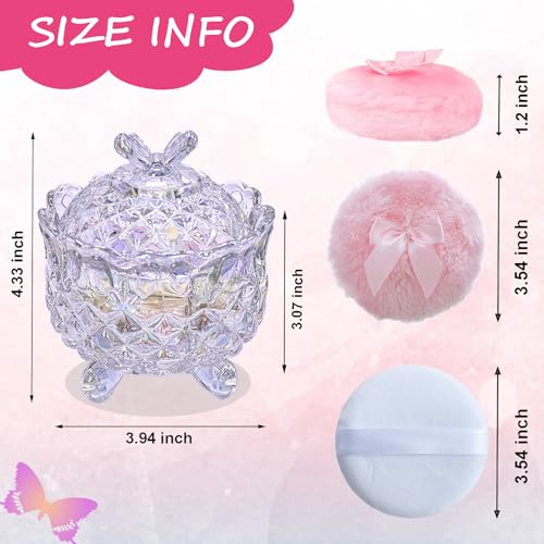 Qopoto Crystal Glass Powder Container with 4 Soft Velvet Body Powder Puffs
