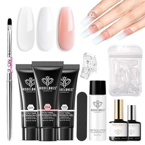 Modelones Poly Gel Nail Kit - Clear, White, Apricot with Slip Solution