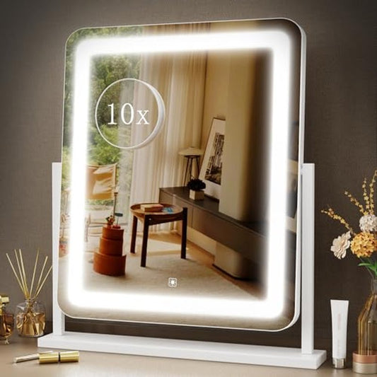 Gvnkvn Vanity Mirror with Lights, 17.3¡¯¡¯ LED Makeup Mirror Detachable 10X Magnification, Smart Touch Control, 3 Color Lighting Modes,360¡ÆRotation Tabletop Make Up Mirror for Bedroom Bathroom