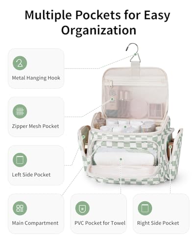 Narwey Hanging Toiletry Bag for Women - A-Green Checkerboard Makeup Organizer