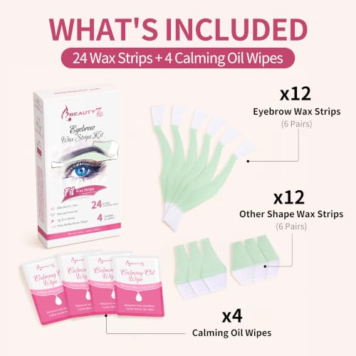 Beauty7 Facial Wax Strips for Hair Removal - 24 Assorted Strips with Calming Oil Wipes for Sensitive Skin