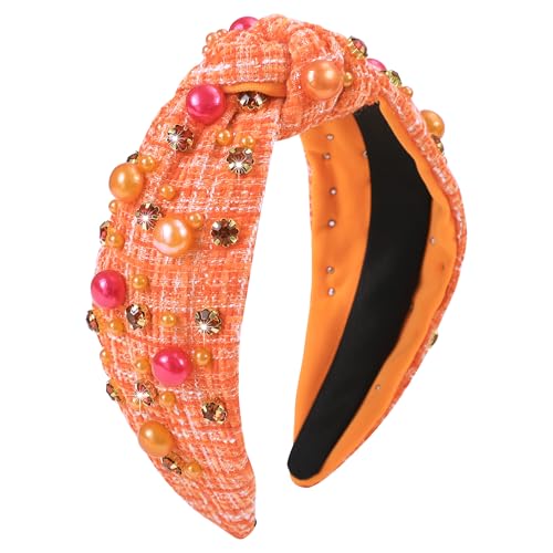 Thanksgiving Orange Knotted Headband with Crystal Pearls for Women