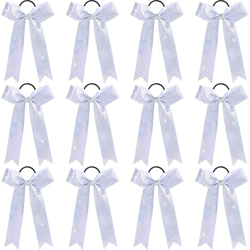 VOBOBE 12-Piece Glitter Cheer Bows - 6.3" Silver Long Tail Hair Ties