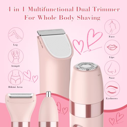 Hatteker 4-in-1 Women's Electric Razor, Dual-Head Body Hair Trimmer for Women, IPX7 Waterproof Rechargeable Bikini Trimmer & Facial Hair Remover for Legs, Armpits, Face, Nose, Eyebrows, Pink