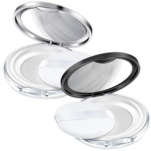 2 Pcs Empty Loose Powder Container Set with Mirror and Puff, Portable Travel