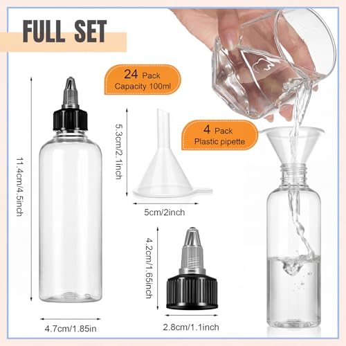 Barydat 24 Pcs 3 oz Clear Squeeze Bottles with Funnels for Hair Oil
