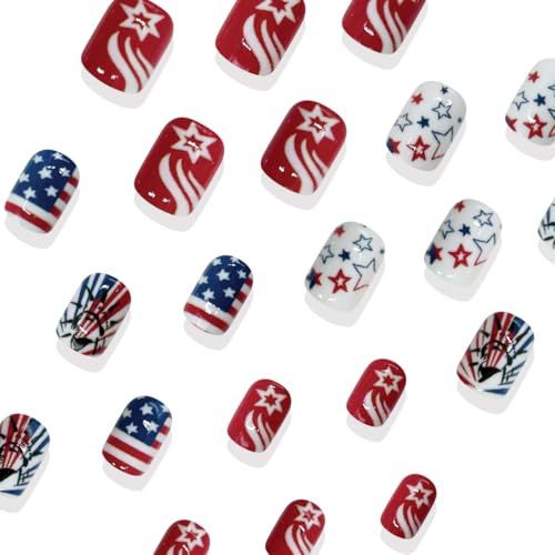 LRKNNO 24Pcs 4th of July Short Press On Nails – Red White Blue American Flag With Star Design, Cute Petite Square
