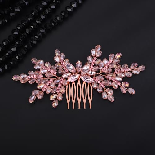 Teyglen Pink Rhinestone Crystal Wedding Hair Comb for Bridal Prom
