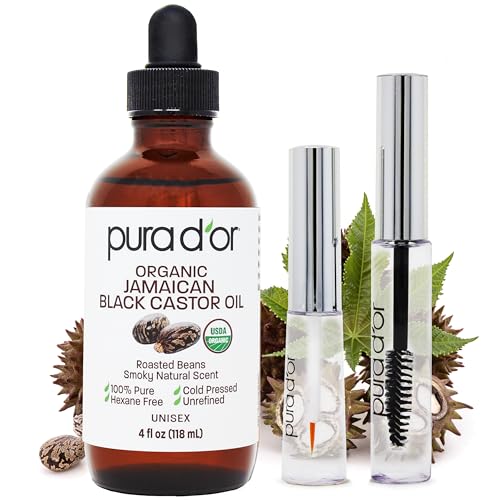 PURA D'OR Organic Jamaican Black Castor Oil with 2 Bonus Brushes for Eyelash & Brow Growth - 4oz