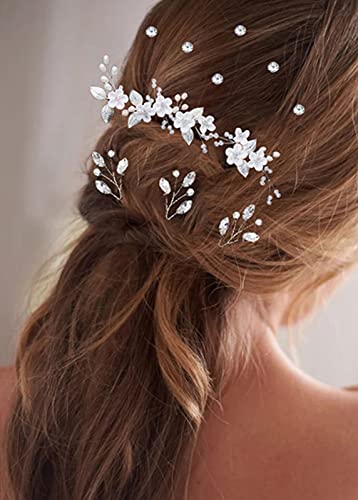 Silver Wedding Hair Pins Set with Pearl & Flower Clips - 12 Pieces