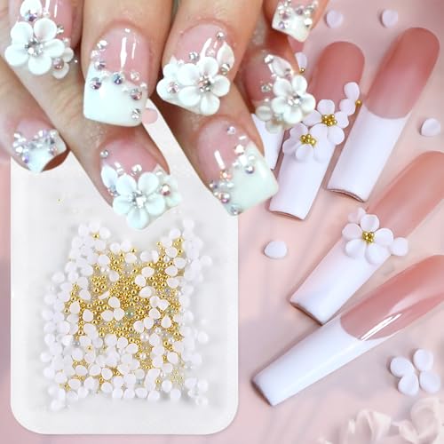 3D White Flower Nail Charms - 150 Pcs Resin Petals with Gold Pearls