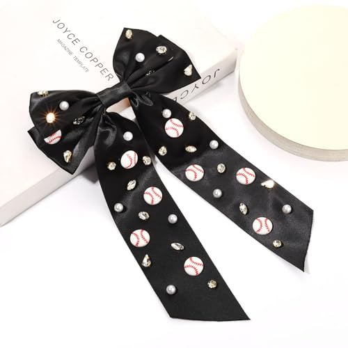 NVENF Rhinestone Baseball Hair Bow Clip - Large Satin Game Day Accessory