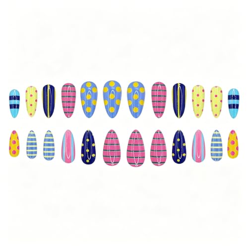 Colorful Medium Almond Press-On Nails with Stripe & Polka Dot Design - 24Pcs