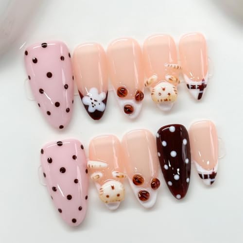 RIICFDD 3D Handcrafted Almond Press-On Nails with Floral Art, French Tips, Reusable