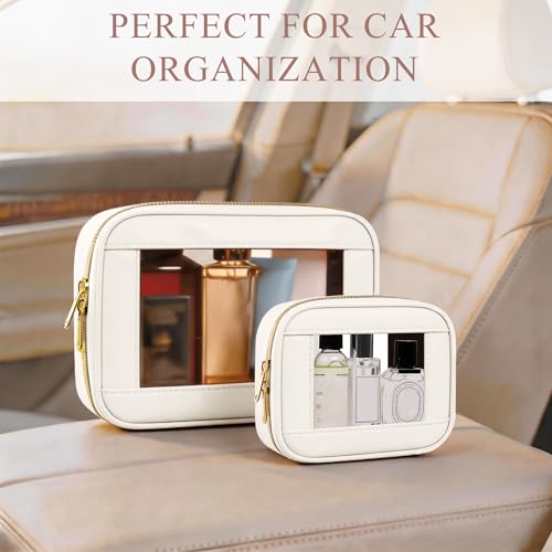 JRQCSJY 2-Piece Waterproof Clear Makeup Bags Set Beige-2 Mini & Medium TSA Travel Cosmetics