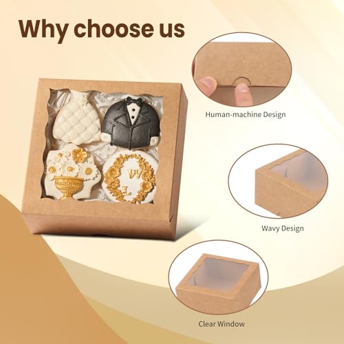 NEKSUNBAK 20 Pack Brown Bakery Gift Boxes with Window - 6x6x2.5 inches