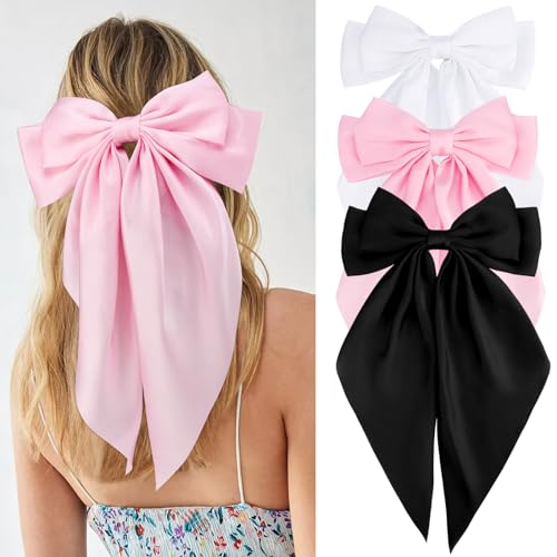 Velscrun Large Satin Hair Bows for Women - 3 Pcs Set (White, Pink, Black)