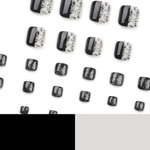 Tyuimhx Black Flowers Square Toenails - 24pc Reusable Glitter Nail Set (Variation: Black Flowers)