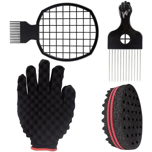 Type F Twist Hair Tool Set with Sponge Brush, Metal Comb & Glove for Afro Hair – Black