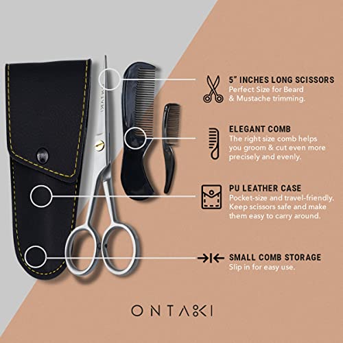 ONTAKI 410c German Steel Beard & Mustache Trimming Scissors with Silver Comb - 5"