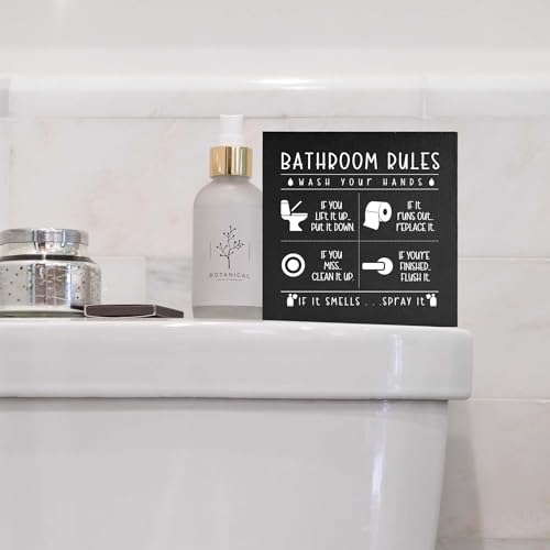 Funny Bathroom Rules Wooden Box Sign - 5x5 Rustic Home Decor