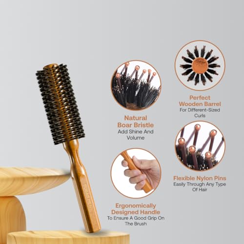 RUBAB MEN Round Hair Brush with Natural Bristle & Wooden Handle