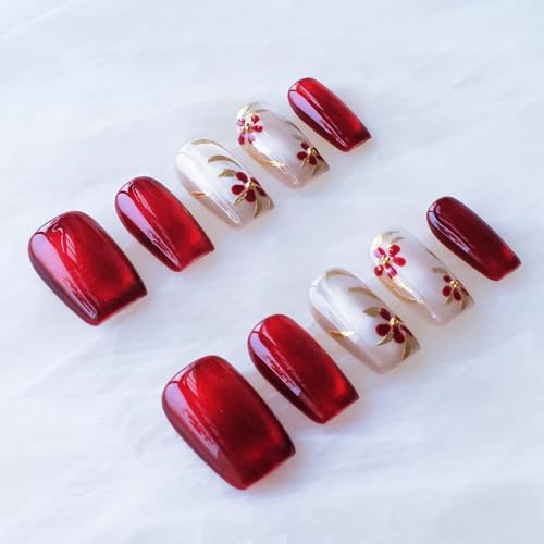 GLORS Red Floral Embroidery Cat Eye Press-On Nails NY_RedFloral Large Set