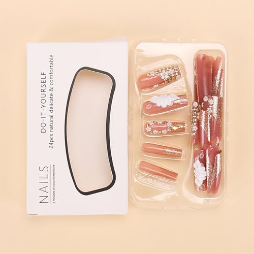 RTKHFZE Style16 Long Square Gold Glitter French Tip Fake Nails with Flowers & Rhinestones - Press On Nails for Women