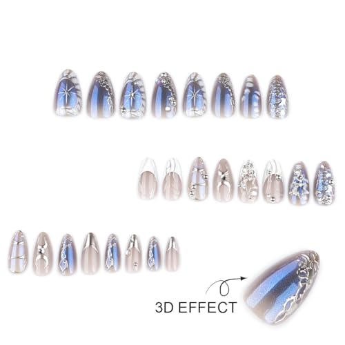 HPYFOI Medium Almond Press On Nails Y2K Silver Chrome Star Charms, Style-11