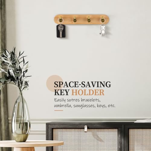 Nekon Bamboo Key Holder with Gold Hooks - Self-Adhesive Wall Organizer