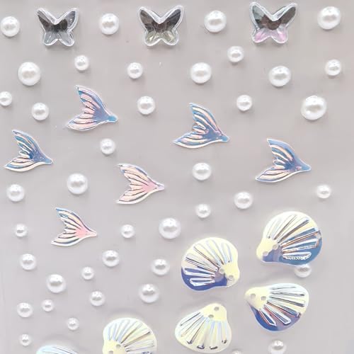 WIWUFUE Mermaid-Blue Face Gems & Seashell Rhinestones - Waterproof Self-Adhesive Body Art for Festival, Rave & Cosplay