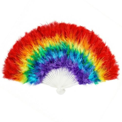 Rainbow Feather Hand Fan - 20-Inch Folding Fan for Festivals & Parties