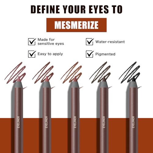 Pinkiou Waterproof Eyeliner Pencil Set - 5 Colors: Plum, Stone, Chocolate, Brown, Black