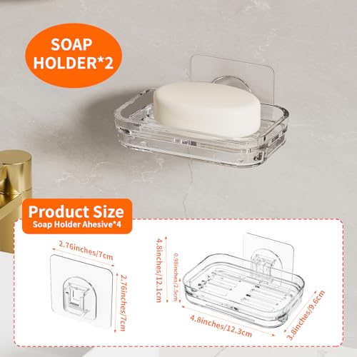 Self-Draining Soap Dish Holder 2 Pack - Wall Mounted, Clear Plastic