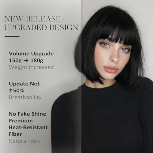 Lumitressa Black 12 Inch Bob Wig with Bangs for Women - Adjustable Fit, Synthetic Hair, Trendy Short Style