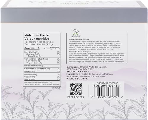 Soeos Organic White Tea - 100 Individually Wrapped Tea Bags, Low Caffeine, Smooth Floral Flavor