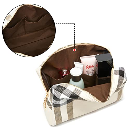 Jessyline Large Vegan Leather Makeup Bag - Travel Cosmetic Pouch (Beige)