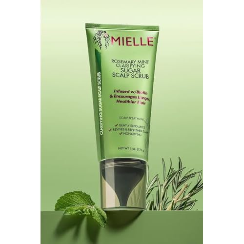 Mielle Organics Rosemary & Mint Sugar Exfoliating Scalp Scrub - Gentle Pre-Shampoo Dry Scalp Treatment for Oil & Product Buildup - Biotin Infused Non-Drying, Moisturizing Formula (6 Fl Oz)