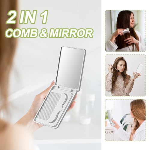 Jurrissa Protable Folding Mirror with Case, White – 2-in-1 Travel Compact Mirror & Hair Comb