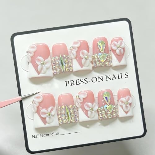 Medium Duck Press on Nails - French White Nude Handmade Rhinestone Nails