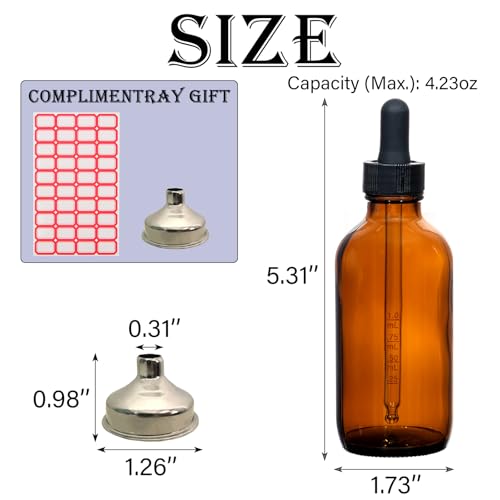 6 Pack 4oz Amber Glass Dropper Bottles for Essential Oils with Funnel & Labels