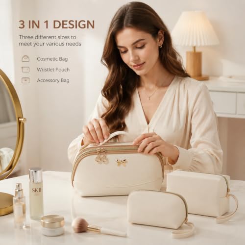 3-Piece Travel Makeup Bag Set - Waterproof PU Leather Cosmetic Organizer